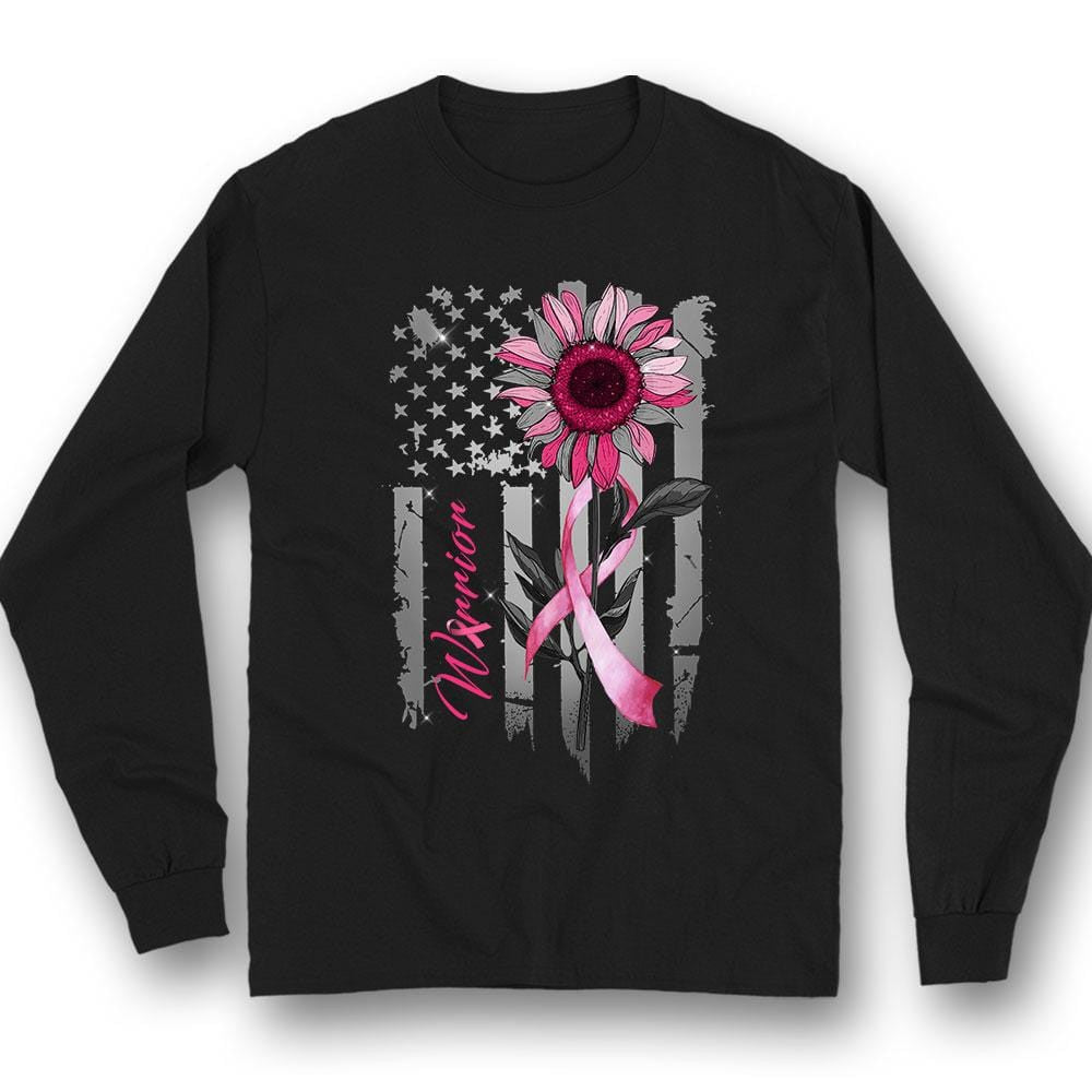 Breast Cancer Warrior Awareness Shirt, Pink Ribbon Sunflower American Flag YVT0796