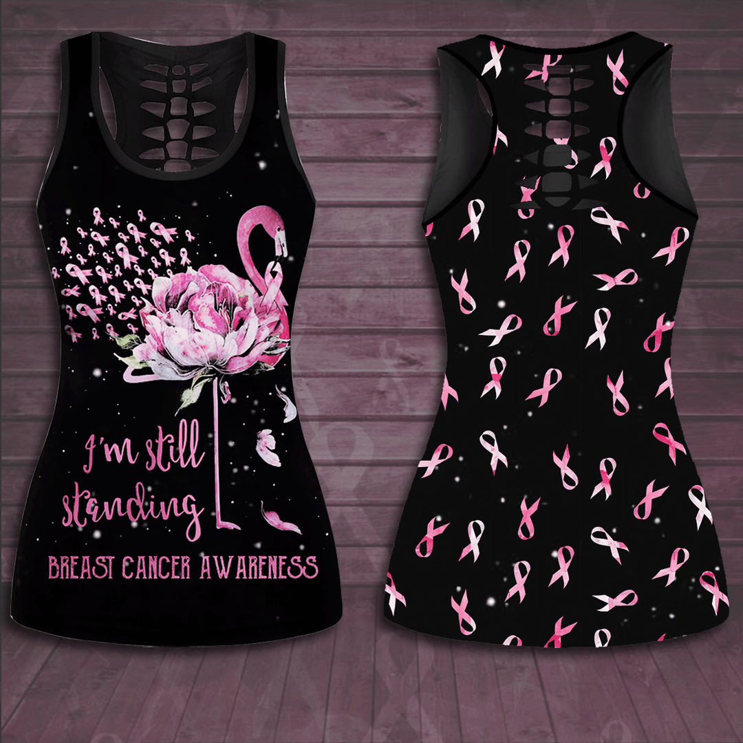 Breast Cancer Awareness 'I'm Still Standing' Flamingo Flower Hollow Tank Top & Leggings Set