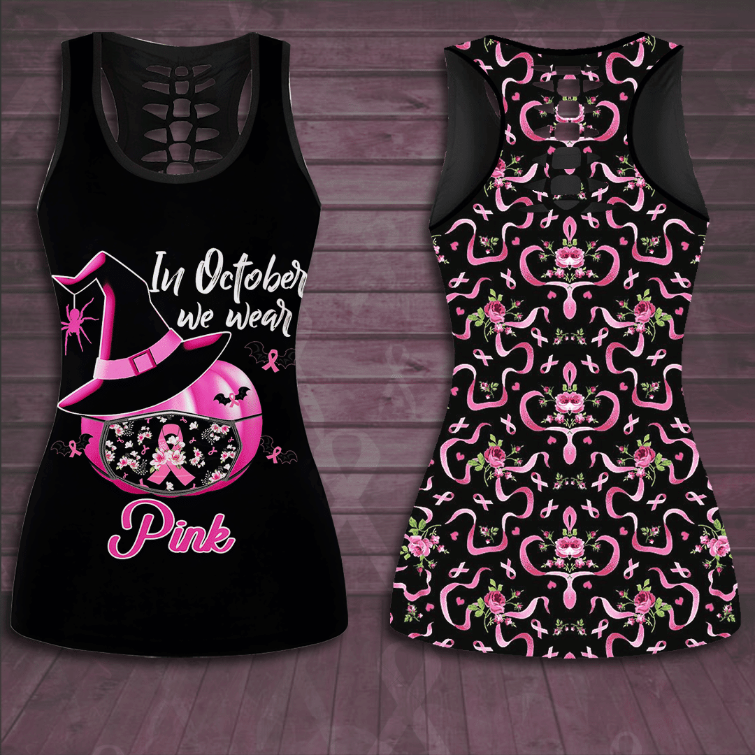 In October We Wear Pink Breast Cancer Awareness Hollow Tank Top & Leggings Set