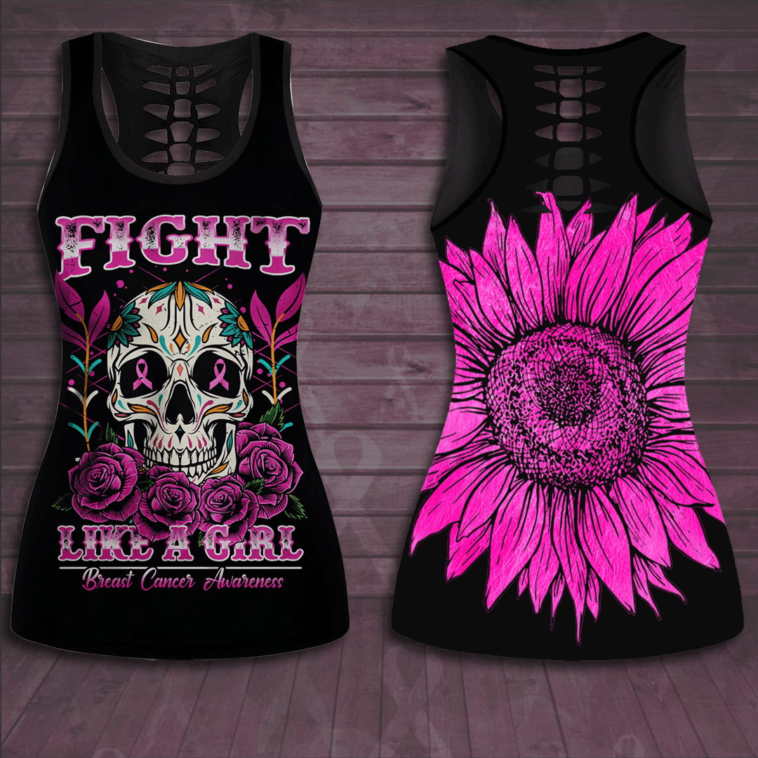 Breast Cancer Awareness Fight Like A Girl Hollow Tank Top & Leggings Set TH1070