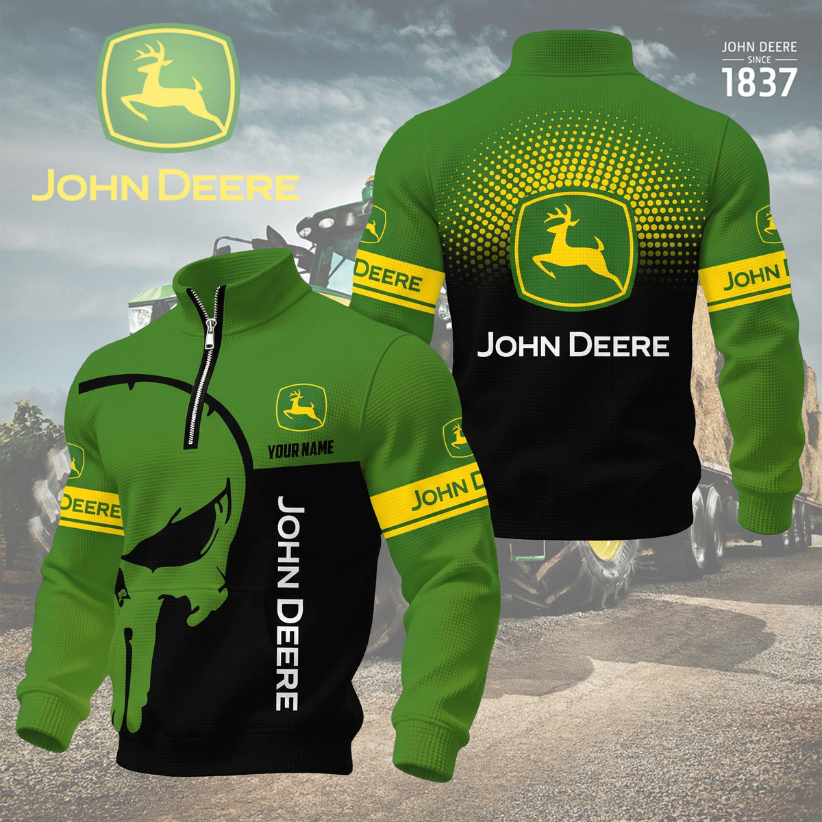 Personalized JD Waffle Stand Collar Zip Hoodie Pockets
