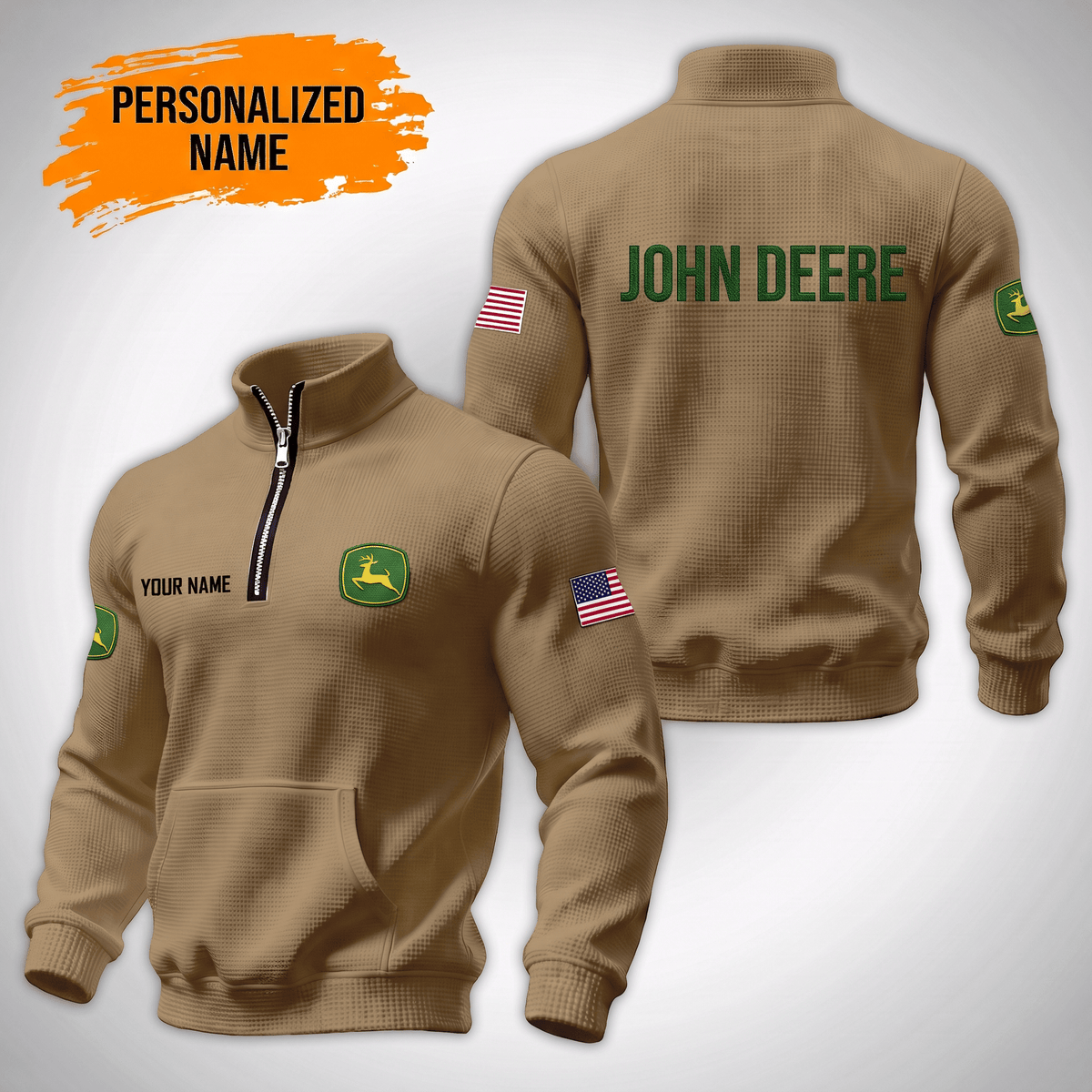 Personalized JD Waffle Stand Collar Zip Hoodie Pockets