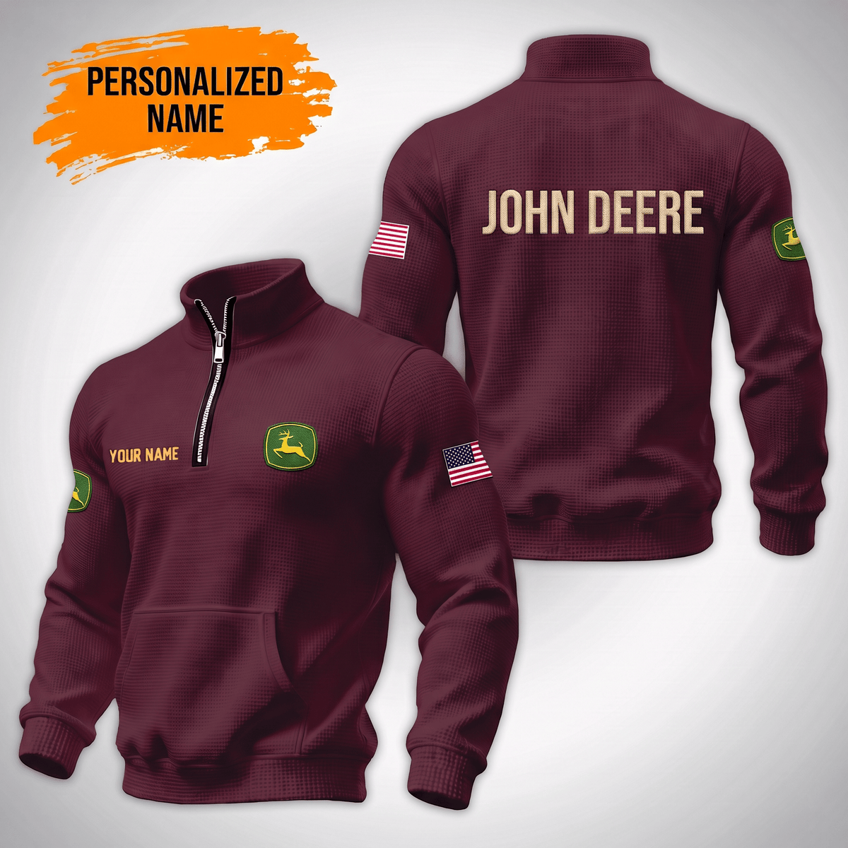 Personalized JD Waffle Stand Collar Zip Hoodie Pockets