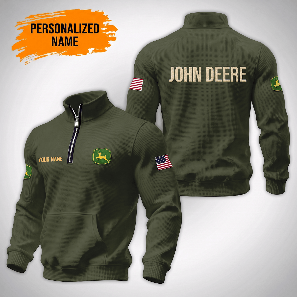 Personalized JD Waffle Stand Collar Zip Hoodie Pockets