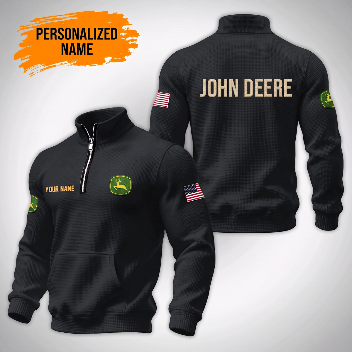 Personalized JD Waffle Stand Collar Zip Hoodie Pockets