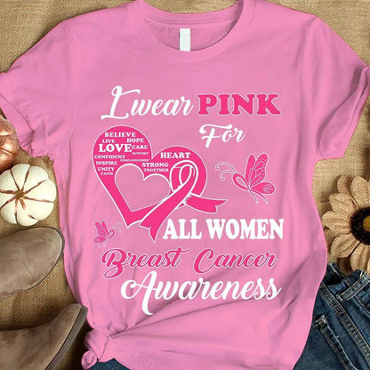 I Wear Pink For Women, Breast Cancer Warrior Awareness Shirt, Ribbon Butterfly QUY2138