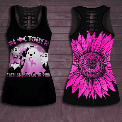 Breast Cancer Awareness 'In October Even Ghost Wear Pink' Hollow Tank Top & Leggings Set TH3394