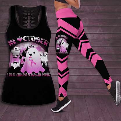 Breast Cancer Awareness 'In October Even Ghost Wear Pink' Hollow Tank Top & Leggings Set TH3394