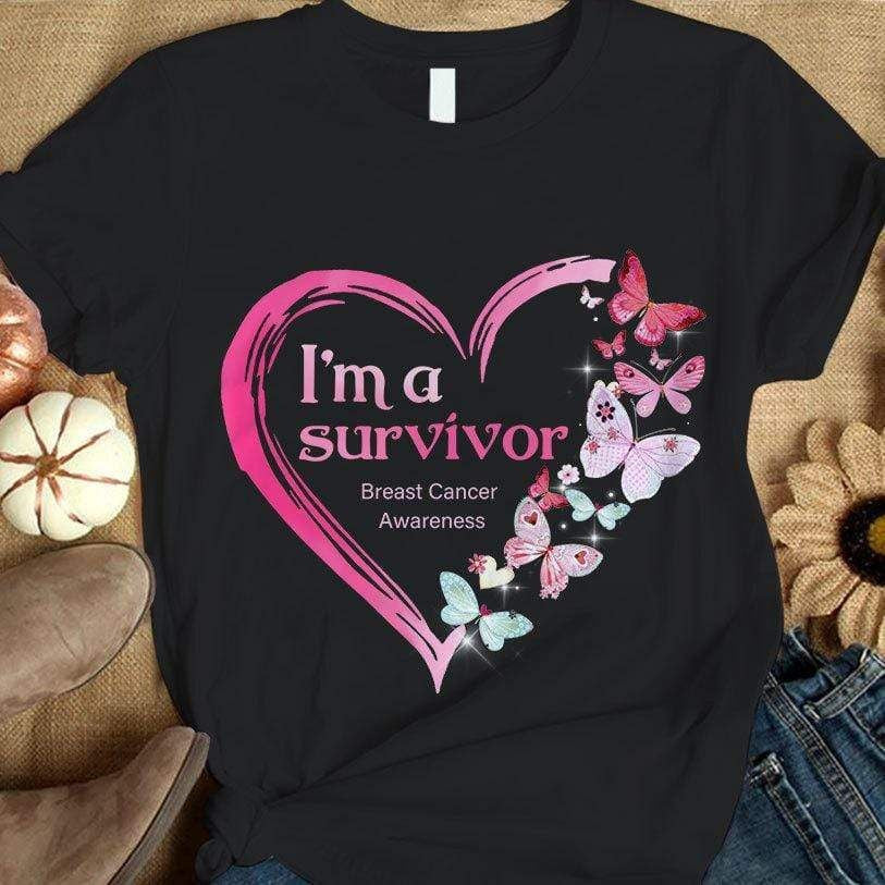 I'm A Survivor, Pink Heart & Butterfly, Breast Cancer Awareness Shirt THAOVTT852
