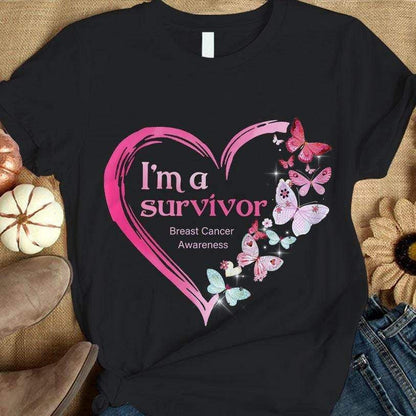 I'm A Survivor, Pink Heart & Butterfly, Breast Cancer Awareness Shirt THAOVTT852