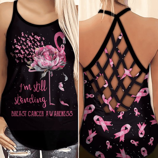 I'm Still Standing Breast Cancer Awareness Flamingo Flower Criss-Cross Tank Top YVT0803