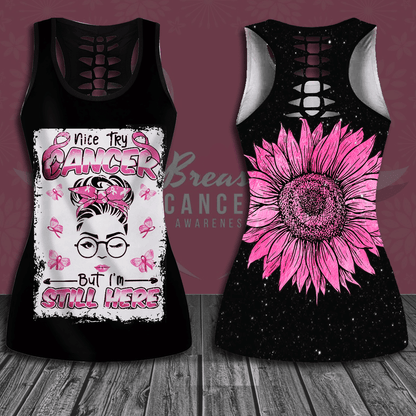 Breast Cancer Awareness 'Nice Try Cancer But I'm Still Here' Hollow Tank Top & Leggings Set QUY3019