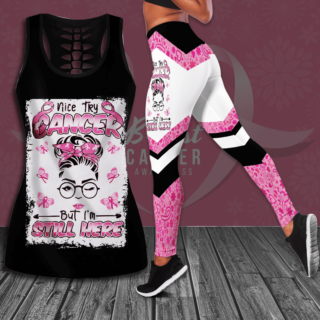 Breast Cancer Awareness 'Nice Try Cancer But I'm Still Here' Hollow Tank Top & Leggings Set QUY3019