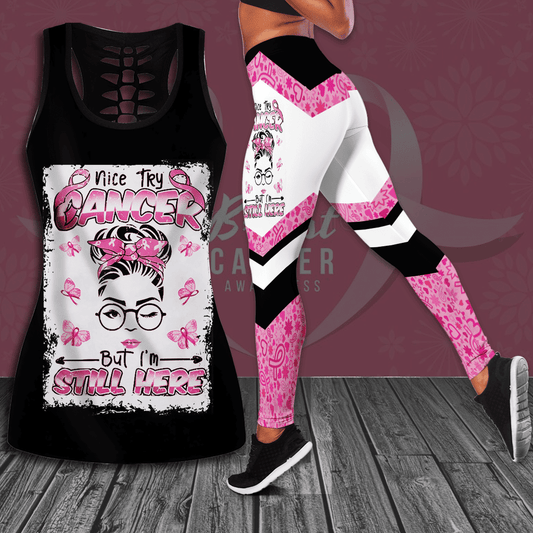 Breast Cancer Awareness 'Nice Try Cancer But I'm Still Here' Hollow Tank Top & Leggings Set QUY3019