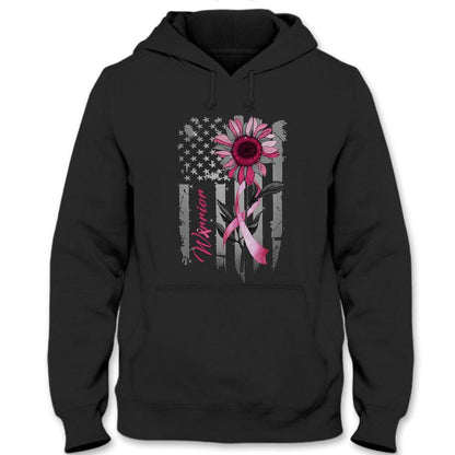 Breast Cancer Warrior Awareness Shirt, Pink Ribbon Sunflower American Flag YVT0796