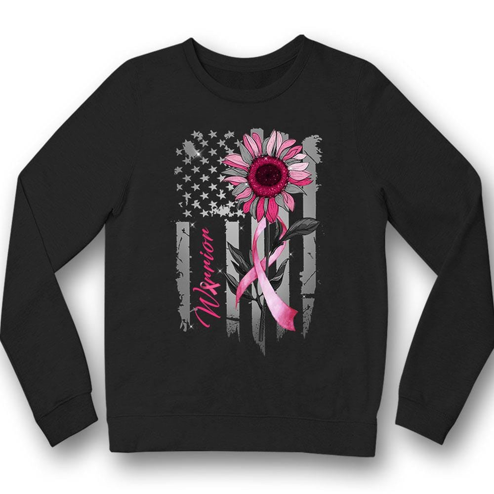 Breast Cancer Warrior Awareness Shirt, Pink Ribbon Sunflower American Flag YVT0796