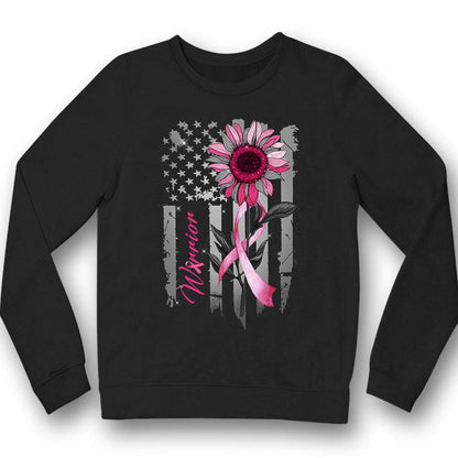 Breast Cancer Warrior Awareness Shirt, Pink Ribbon Sunflower American Flag YVT0796