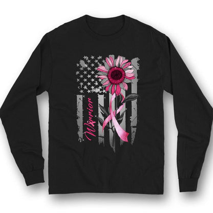 Breast Cancer Warrior Awareness Shirt, Pink Ribbon Sunflower American Flag YVT0796