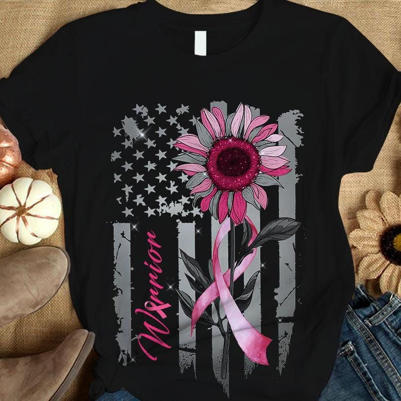 Breast Cancer Warrior Awareness Shirt, Pink Ribbon Sunflower American Flag YVT0796