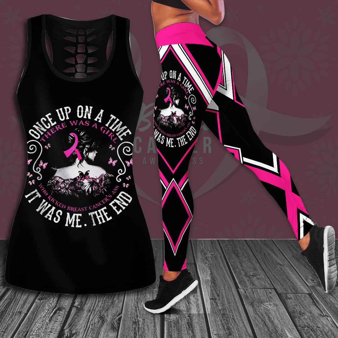 Breast Cancer Awareness 'Once Upon A Time There Was A Girl Who Kicked Cancer's Ass It Was Me The End' Hollow Tank Top & Leggings Set