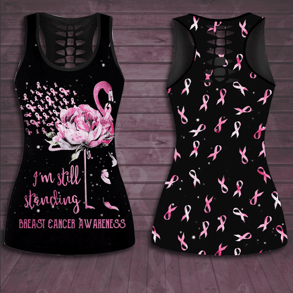 Breast Cancer Awareness 'I'm Still Standing' Flamingo Flower Hollow Tank Top & Leggings Set