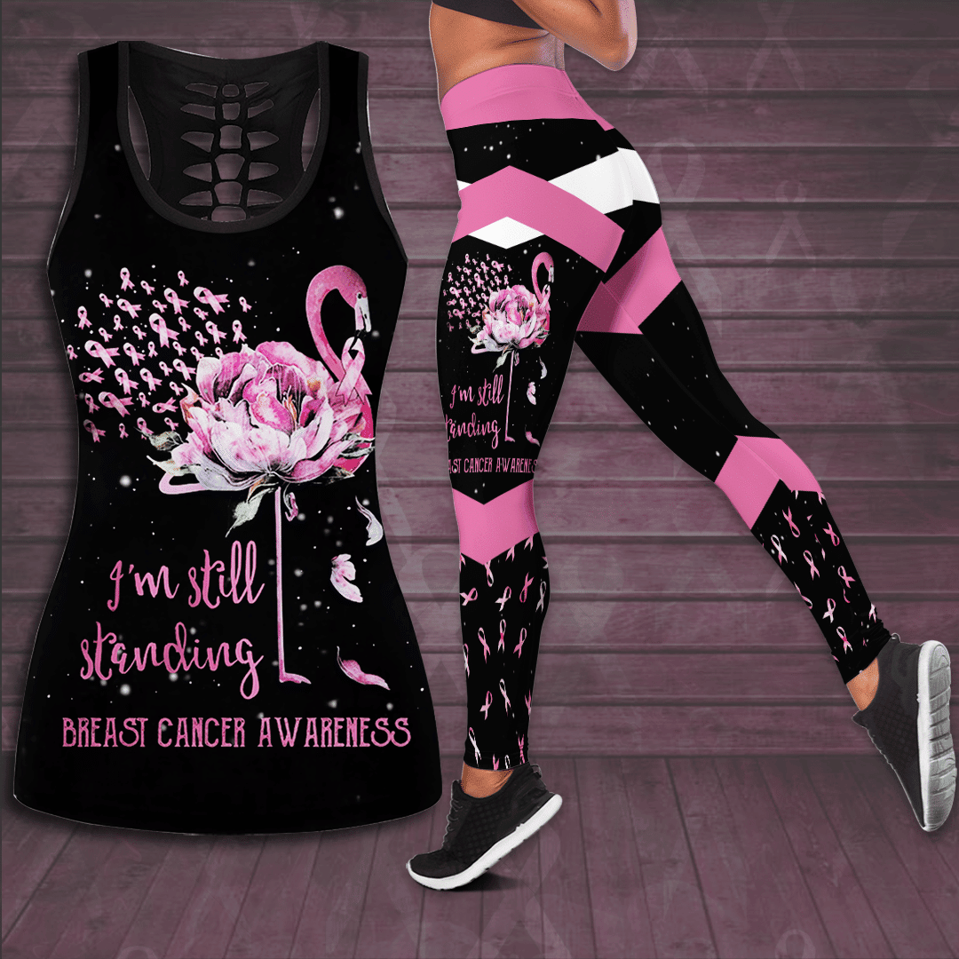 Breast Cancer Awareness 'I'm Still Standing' Flamingo Flower Hollow Tank Top & Leggings Set