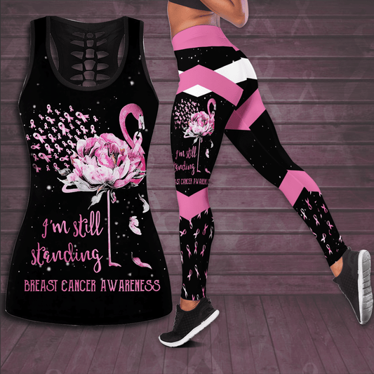 Breast Cancer Awareness 'I'm Still Standing' Flamingo Flower Hollow Tank Top & Leggings Set