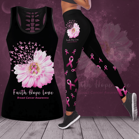 Breast Cancer Awareness 'Faith Hope Love' Hollow Tank Top & Leggings Set TH3453