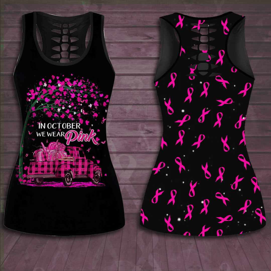 Breast Cancer Awareness 'In October We Wear Pink Car' Hollow Tank Top & Leggings Set