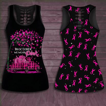 Breast Cancer Awareness 'In October We Wear Pink Car' Hollow Tank Top & Leggings Set