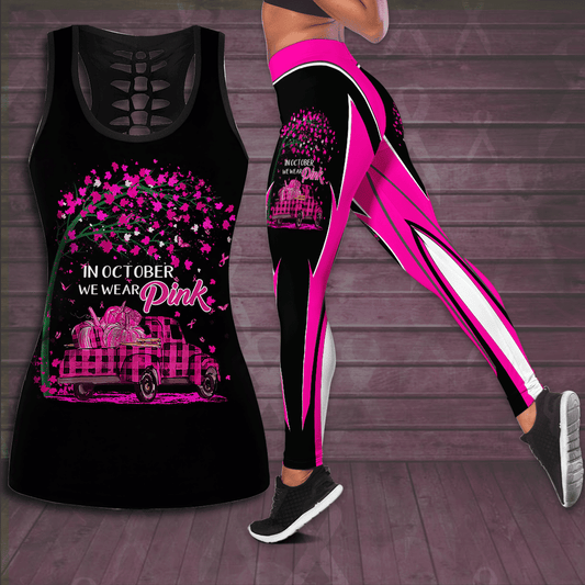 Breast Cancer Awareness 'In October We Wear Pink Car' Hollow Tank Top & Leggings Set