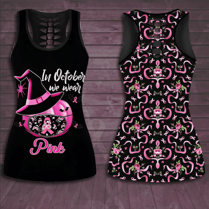 In October We Wear Pink Breast Cancer Awareness Hollow Tank Top & Leggings Set