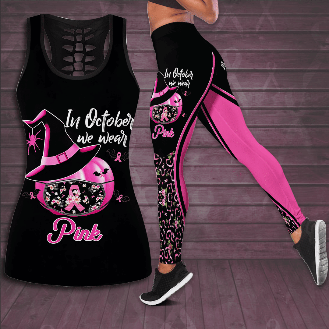 In October We Wear Pink Breast Cancer Awareness Hollow Tank Top & Leggings Set
