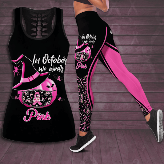 In October We Wear Pink Breast Cancer Awareness Hollow Tank Top & Leggings Set