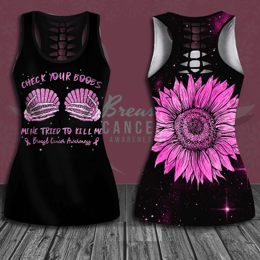Check Your Boobs Mine Tried To Kill Me Breast Cancer Awareness Hollow Tank Top & Leggings Set