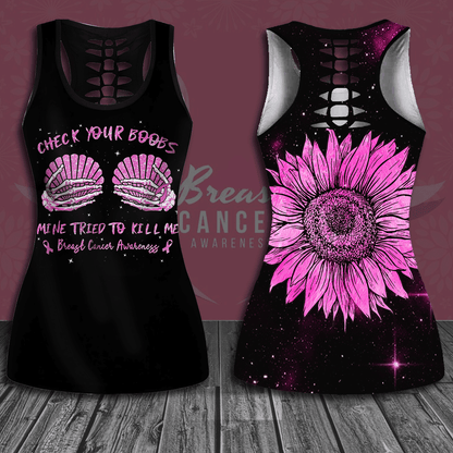 Check Your Boobs Mine Tried To Kill Me Breast Cancer Awareness Hollow Tank Top & Leggings Set