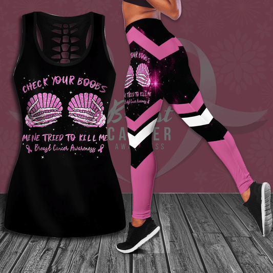 Check Your Boobs Mine Tried To Kill Me Breast Cancer Awareness Hollow Tank Top & Leggings Set