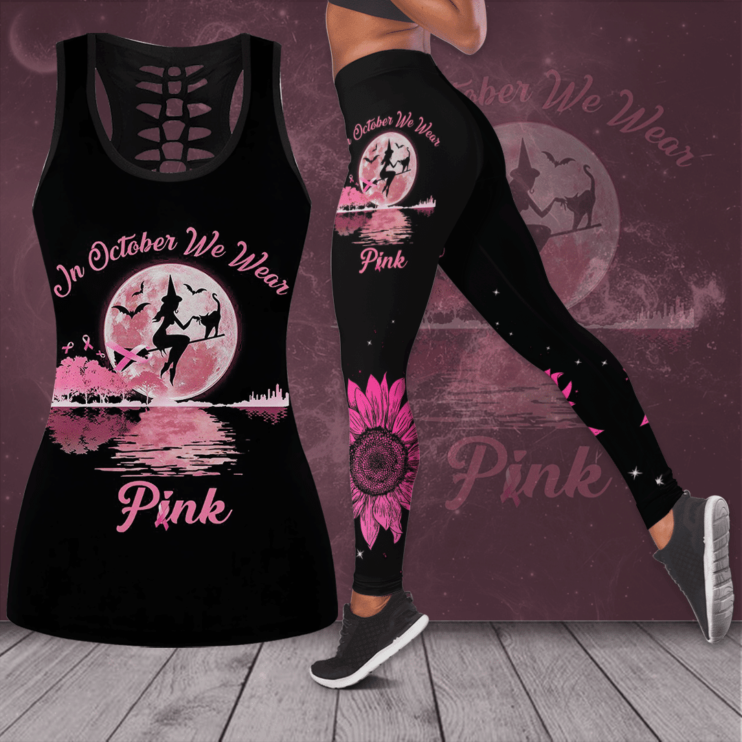 Breast Cancer Awareness 'In October We Wear Pink' Hollow Tank Top & Leggings Set