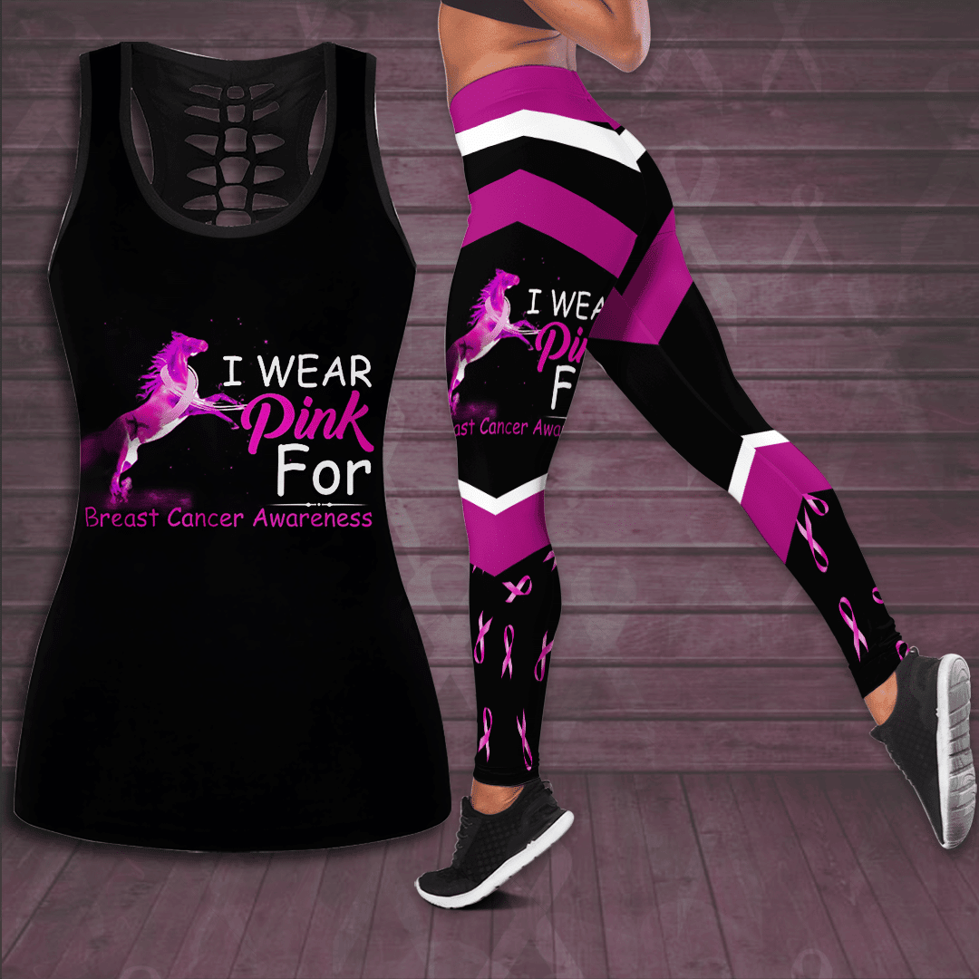 I Wear Pink For Breast Cancer Awareness Hollow Tank Top & Leggings Set TH3277